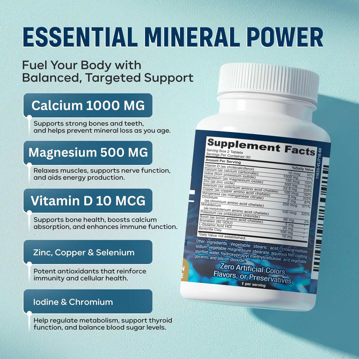 Mega Mineral – Complete Complex with Vitamin D, Calcium, Magnesium, Zinc, Potassium, Boron, Selenium, Chromium & Trace Minerals – Iron-Free – USA Made – 60 Tablets - PrimeBioHealth - canada supplements