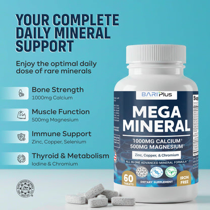 Mega Mineral – Complete Complex with Vitamin D, Calcium, Magnesium, Zinc, Potassium, Boron, Selenium, Chromium & Trace Minerals – Iron-Free – USA Made – 60 Tablets - PrimeBioHealth - canada supplements