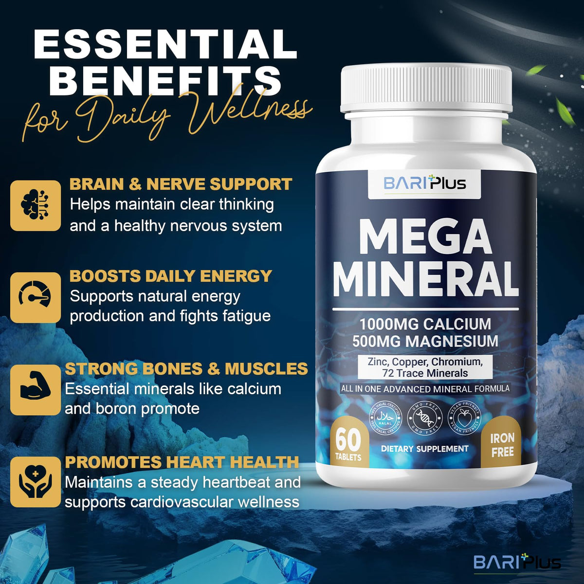 Mega Mineral – Complete Complex with Vitamin D, Calcium, Magnesium, Zinc, Potassium, Boron, Selenium, Chromium & Trace Minerals – Iron-Free – USA Made – 60 Tablets - PrimeBioHealth - canada supplements