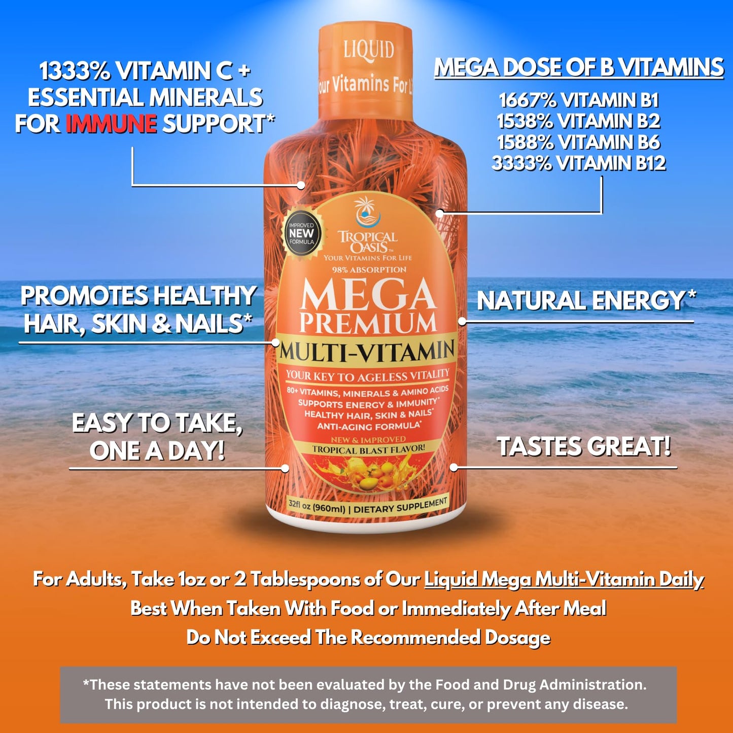 Mega Premium Liquid Multivitamin | Natural Immune Support Vitamin w/ 1333% Vitamin C, 200% D3, Zinc + 20 Vitamins, 70 Minerals, & 21 Amino Acids | Sugar Free - PrimeBioHealth - canada supplements