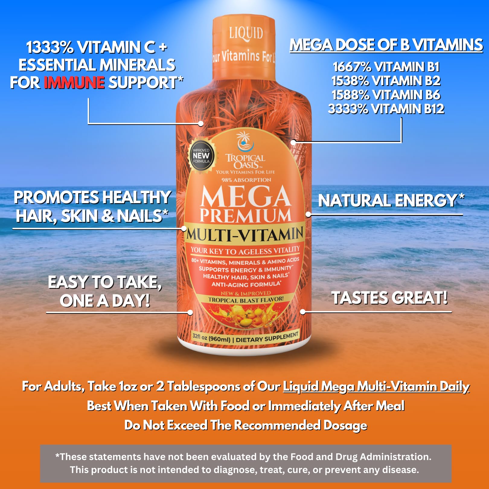 Mega Premium Liquid Multivitamin | Natural Immune Support Vitamin w/ 1333% Vitamin C, 200% D3, Zinc + 20 Vitamins, 70 Minerals, & 21 Amino Acids | Sugar Free - PrimeBioHealth - canada supplements