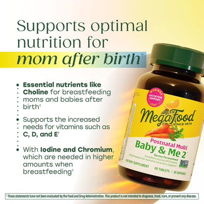 MegaFood Baby & Me 2 Postnatal Vitamins for Women Breastfeeding with Folate (Folic Acid Natural Form), Choline, Iodine, Vitamin D - PrimeBioHealth - canada supplements