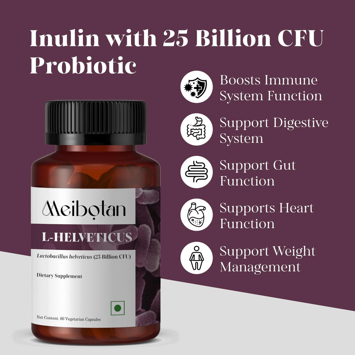 MEIBOTAN L-Helveticus Probiotic Bacteria with 25 Billion CFU for Women & Men, Helps Digestion, Nutrient Absorption and Fight Bad Bacterias - 60 Veggie Capsules - PrimeBioHealth - canada supplements