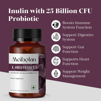 MEIBOTAN L-Helveticus Probiotic Bacteria with 25 Billion CFU for Women & Men, Helps Digestion, Nutrient Absorption and Fight Bad Bacterias - 60 Veggie Capsules - PrimeBioHealth - canada supplements