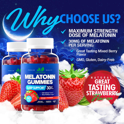 Melatonin 30mg Gummies for Adults (60 Servings) - Maximum Strength Sleep Support with 30mg of Melatonin Per Gummy - Gluten-Free, Sugar-Free, Non-GMO, 100% Vegetarian, - PrimeBioHealth - canada supplements