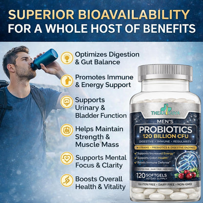 Men’s Advanced Probiotics 120 Billion CFU - 36 Strains + Prebiotics, Enzymes & Veggie Blend for Gut, Immune & Colon Health - 2 Month Supply, 120 Softgels - PrimeBioHealth - canada supplements
