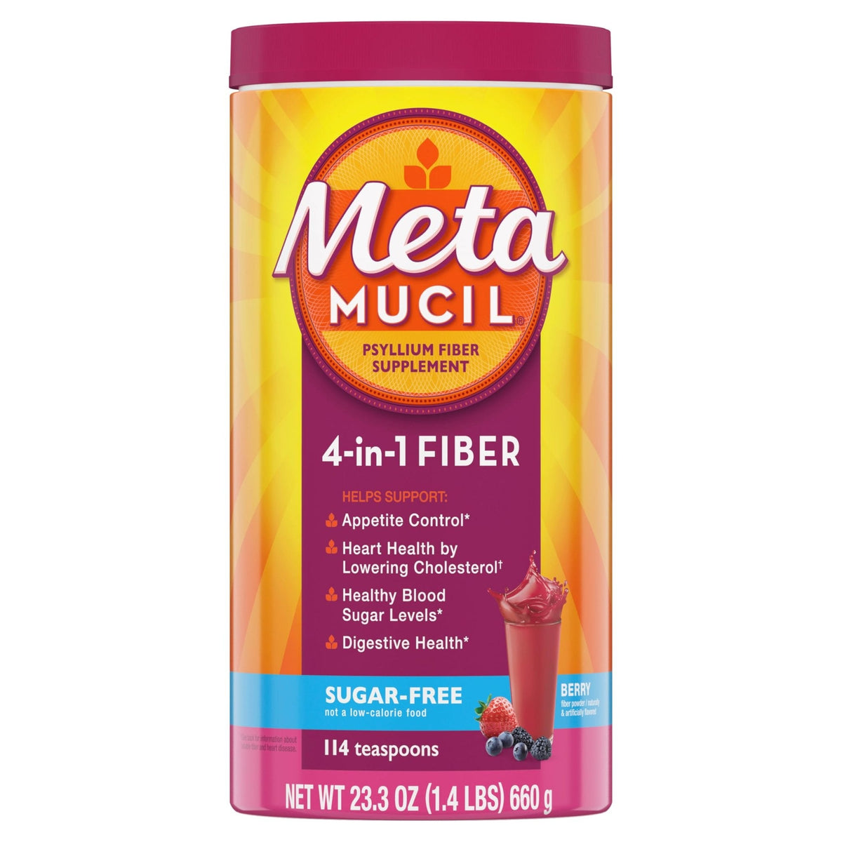 Metamucil, 4-in-1 Fiber Supplement, Psyllium Husk Powder, Sugar-Free Powder, Berry Flavored Drink, 114 Servings - PrimeBioHealth - canada supplements