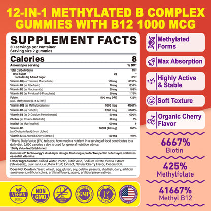 Methylated Vitamin B Complex Gummies for Women & Men - 12-in-1 Multivitamin with 1000 mcg Methyl B12, 1700 mcg Methylfolate, 2000 mcg Biotin, Inositol for Energy - PrimeBioHealth - canada supplements