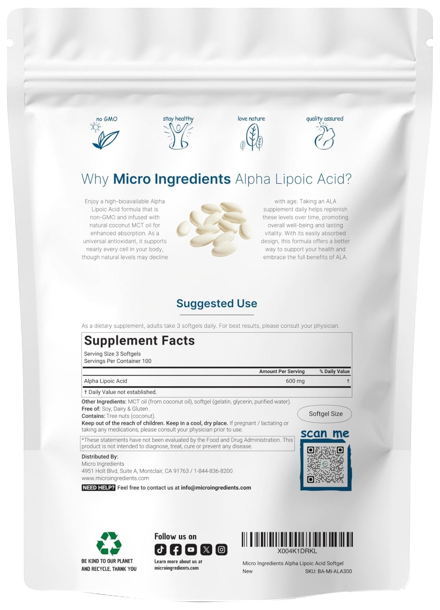 Micro Ingredients Alpha Lipoic Acid 600mg with MCT Oil, 300 Softgels | ALA Supplement for Liver, Antioxidants, Nerve, Cardiovascular Health Support - PrimeBioHealth - canada supplements