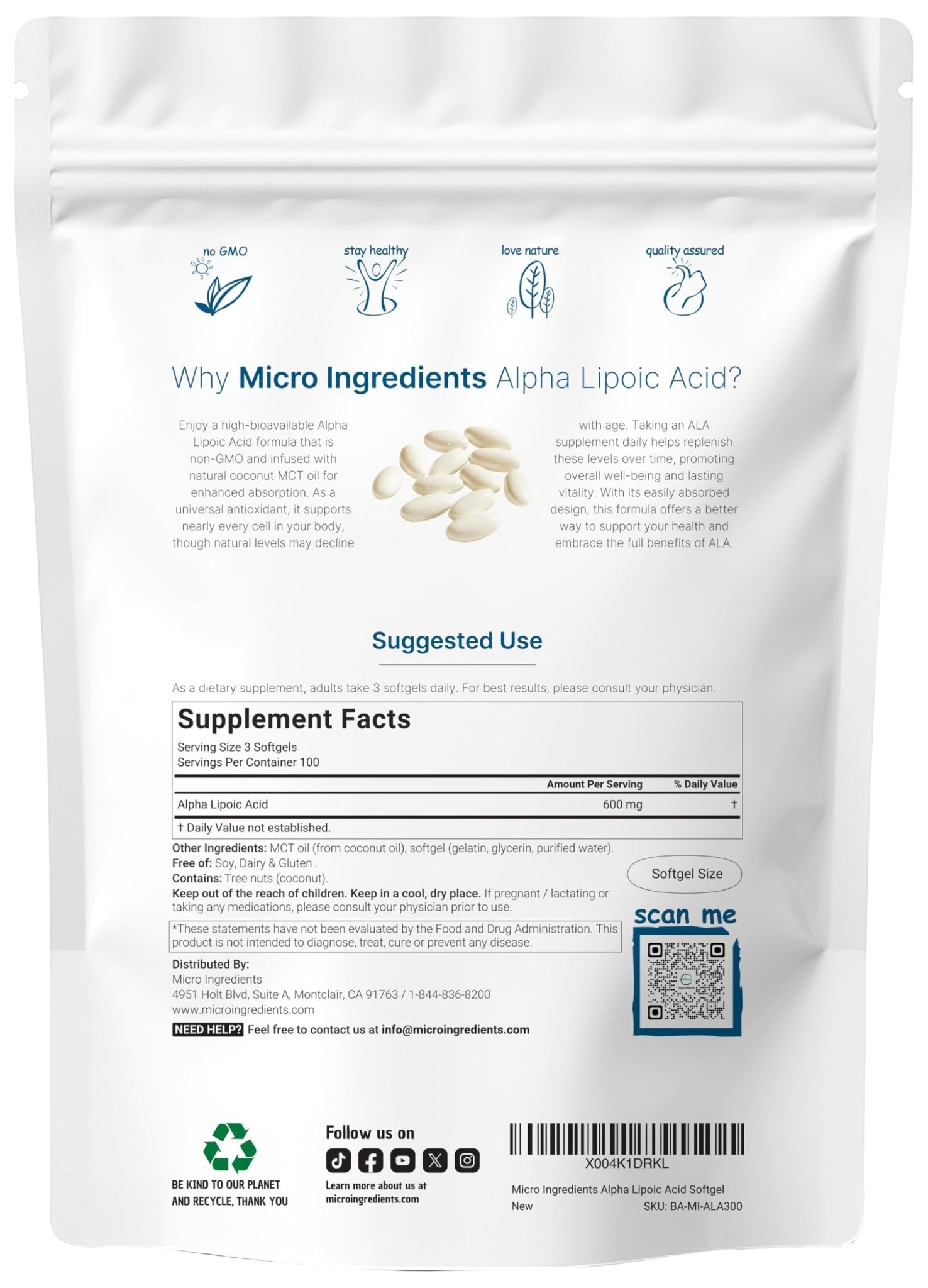 Micro Ingredients Alpha Lipoic Acid 600mg with MCT Oil, 300 Softgels | ALA Supplement for Liver, Antioxidants, Nerve, Cardiovascular Health Support - PrimeBioHealth - canada supplements