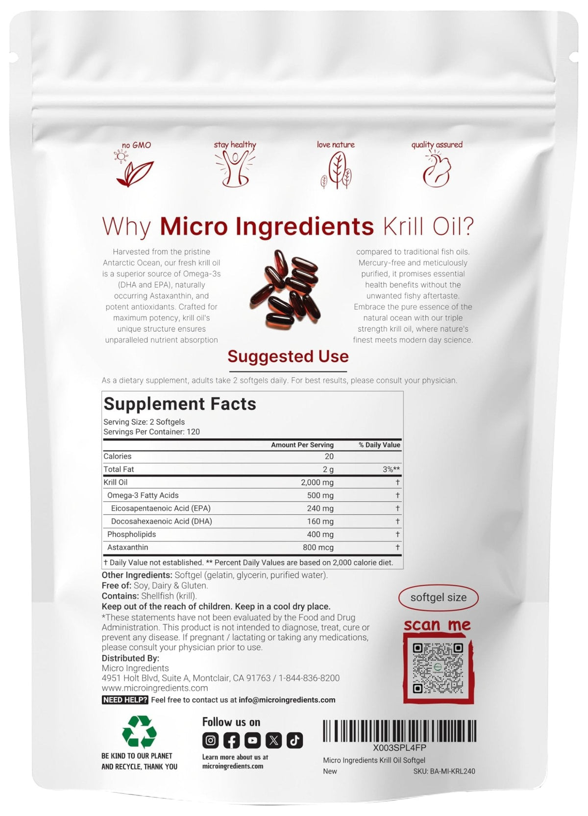 Micro Ingredients Antarctic Krill Oil Supplement, 2,000mg Per Serving, 240 Softgels, Triple Strength, Rich in Omega-3s EPA, DHA & Natural Astaxanthin - PrimeBioHealth - canada supplements