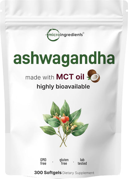 Micro Ingredients Ashwagandha Supplement with Black Pepper | 300 Coconut MCT Oil Softgels | High Potency Root Extract | Better Absorption | Non-GMO - PrimeBioHealth - canada supplements