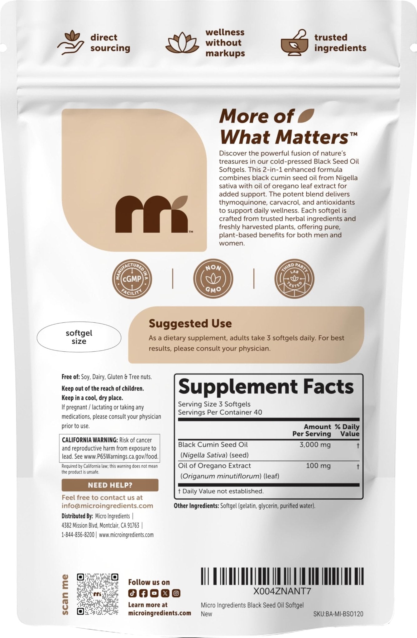 Micro Ingredients Black Seed Oil Softgels, 3,000mg, 240 Count | 2-in-1 Formula with Oil of Oregano, Carvacrol & Thymoquinone | Plant Based, Non-GMO - PrimeBioHealth - canada supplements