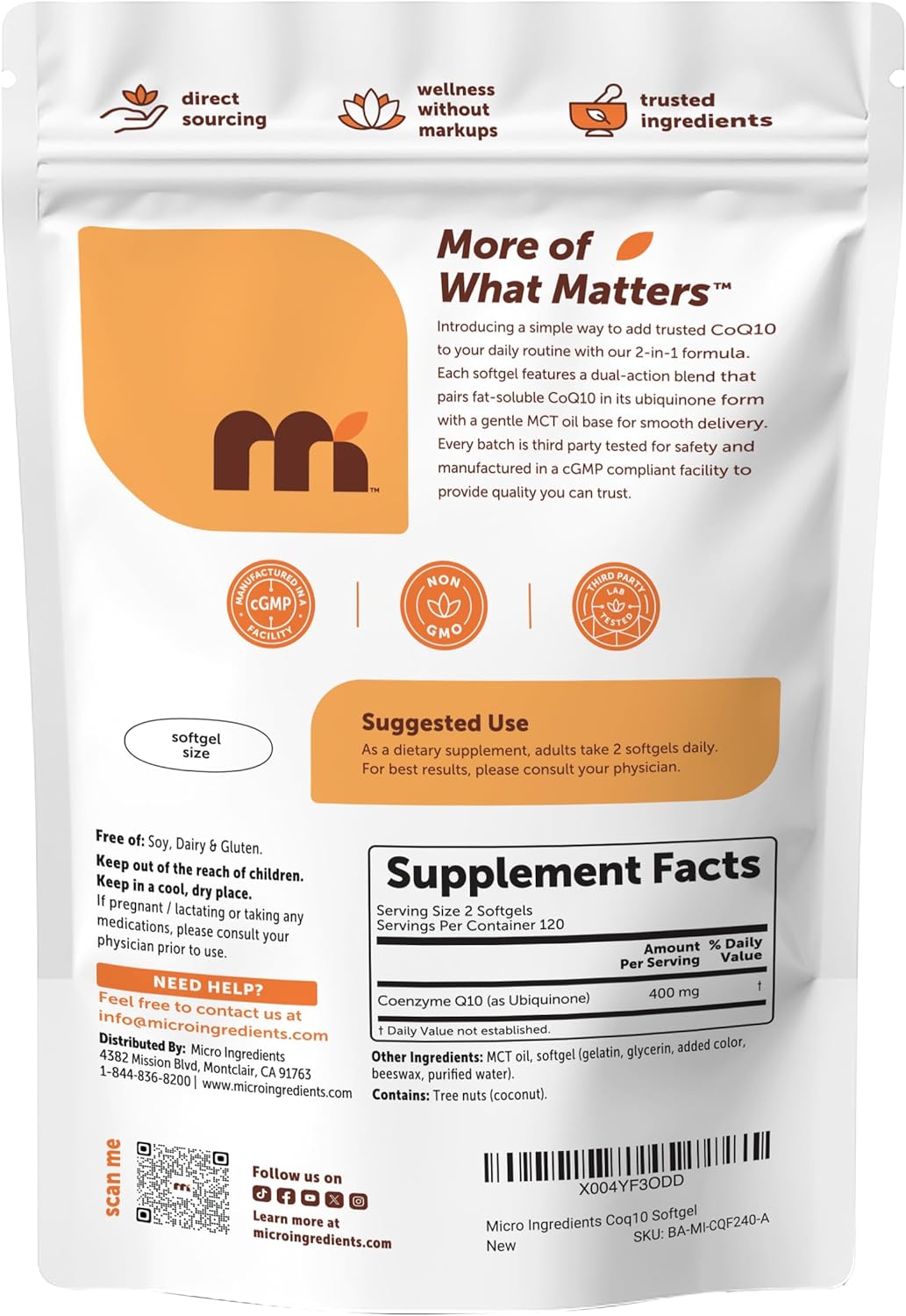 Micro Ingredients CoQ10 400 mg Per Serving, 240 Softgels | Made with Coconut MCT Oil | Coenzyme Q10 (Ubiquinone) | Non-GMO - PrimeBioHealth - canada supplements
