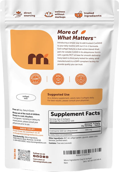 Micro Ingredients CoQ10 400 mg Per Serving, 240 Softgels | Made with Coconut MCT Oil | Coenzyme Q10 (Ubiquinone) | Non-GMO - PrimeBioHealth - canada supplements