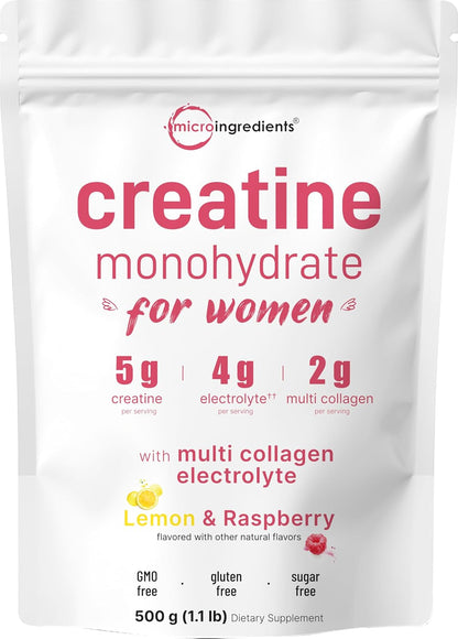 Micro Ingredients Creatine + Electrolytes + Multi Collagen for Women | 5,000mg Micronized Creatine Monohydrate Powder Complex | Creatine Hydration Drink Mix | Lemon Raspberry | Sugar-Free, Non-GMO - PrimeBioHealth - canada supplements