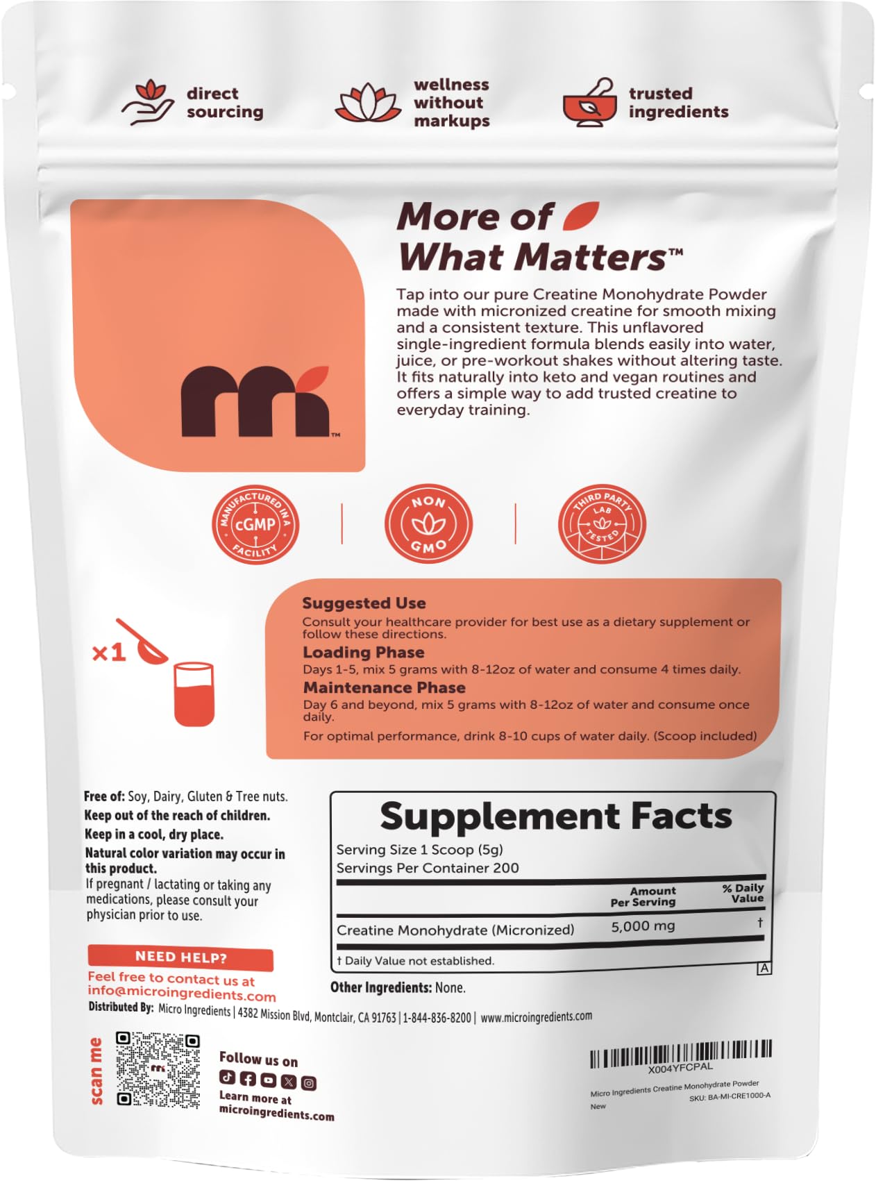 Micro Ingredients Creatine Monohydrate Powder 1 kg (2.2 Lbs), 5000mg Per Serv, Micronized Creatine Powder, Unflavored, No Filler, Keto & Vegan, Easy Dissolve, Pre Workout for Women & Men* - PrimeBioHealth - canada supplements