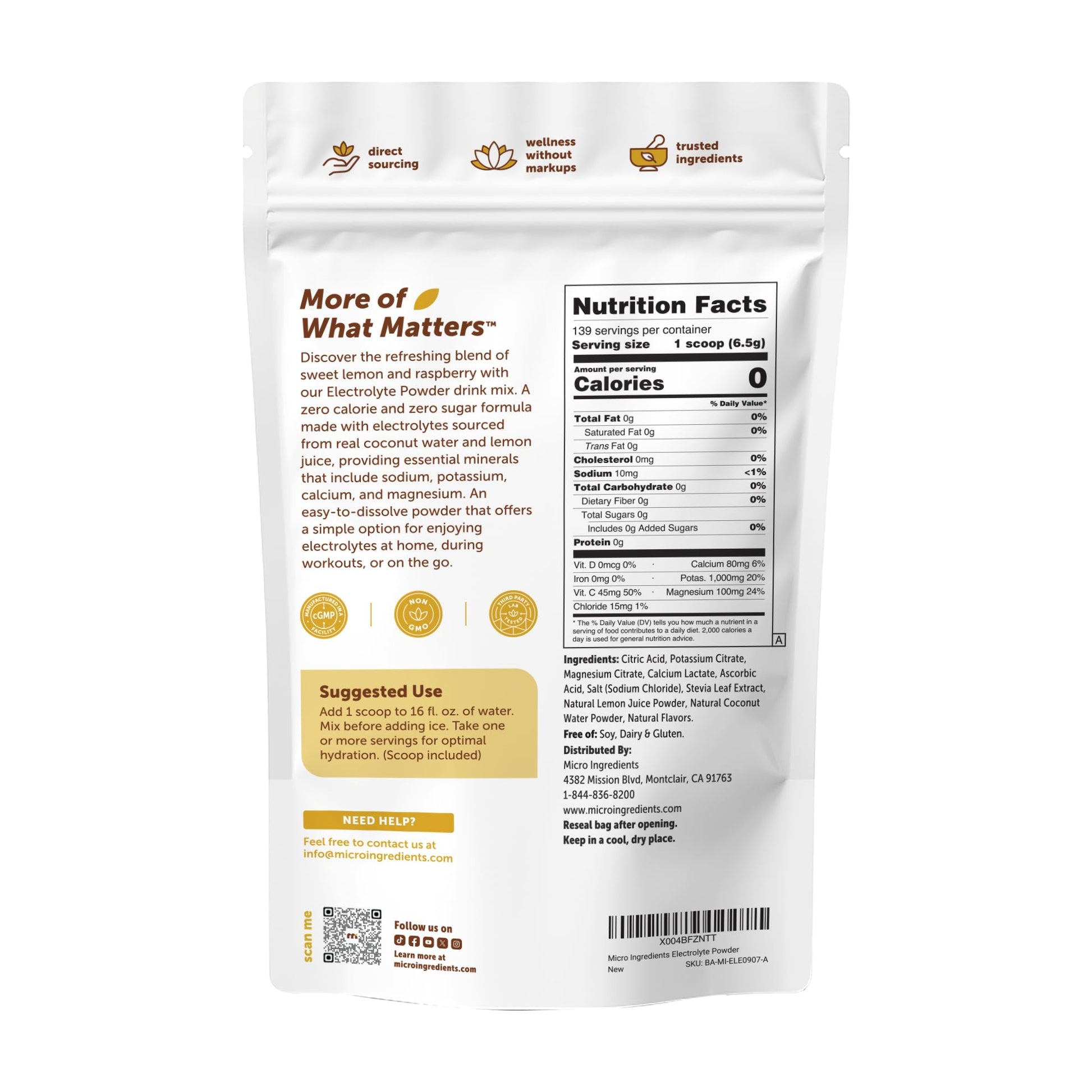 Micro Ingredients Electrolyte Powder, 2 lbs (139 Servings) | Lemon Raspberry Flavor | High Potassium (1,000mg) + Coconut Water & Real Lemon Juice - PrimeBioHealth - canada supplements
