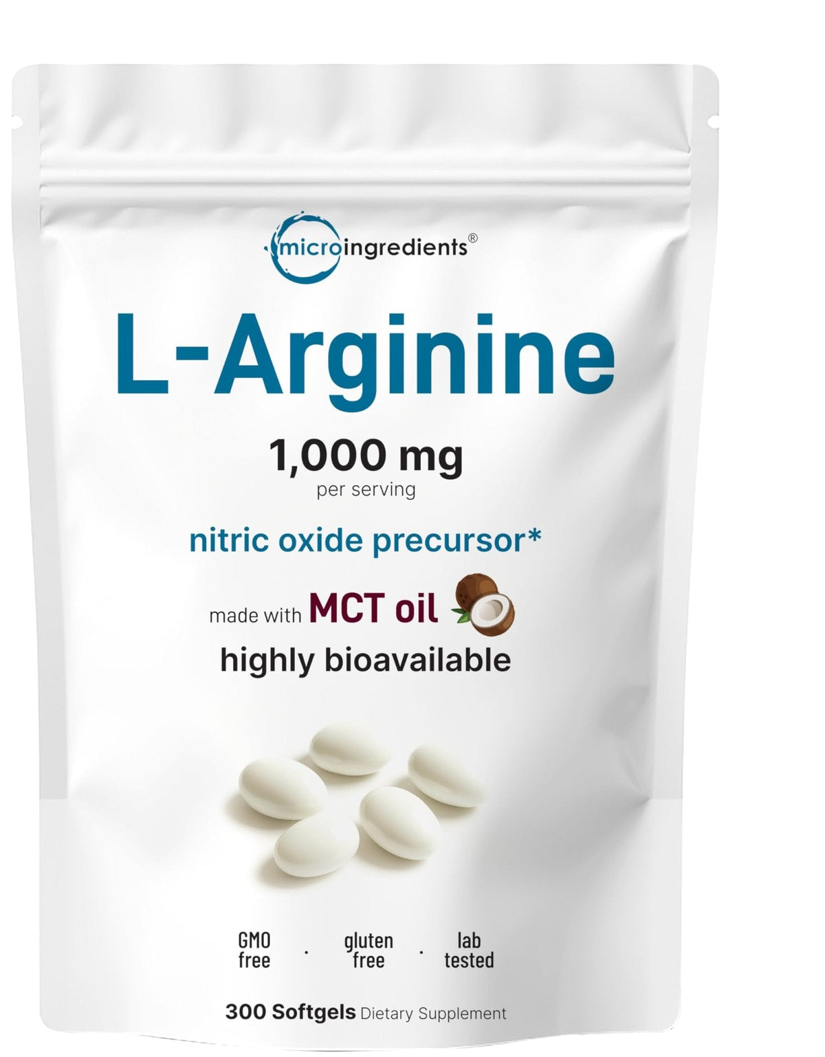 Micro Ingredients L-Arginine 1000mg with MCT Oil, 300 Softgels | Nitric Oxide Precursor* for Men & Women | Extra Strength Amino Acid Formula for Daily Wellness - PrimeBioHealth - canada supplements