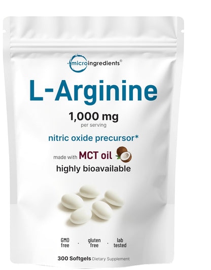 Micro Ingredients L-Arginine 1000mg with MCT Oil, 300 Softgels | Nitric Oxide Precursor* for Men & Women | Extra Strength Amino Acid Formula for Daily Wellness - PrimeBioHealth - canada supplements