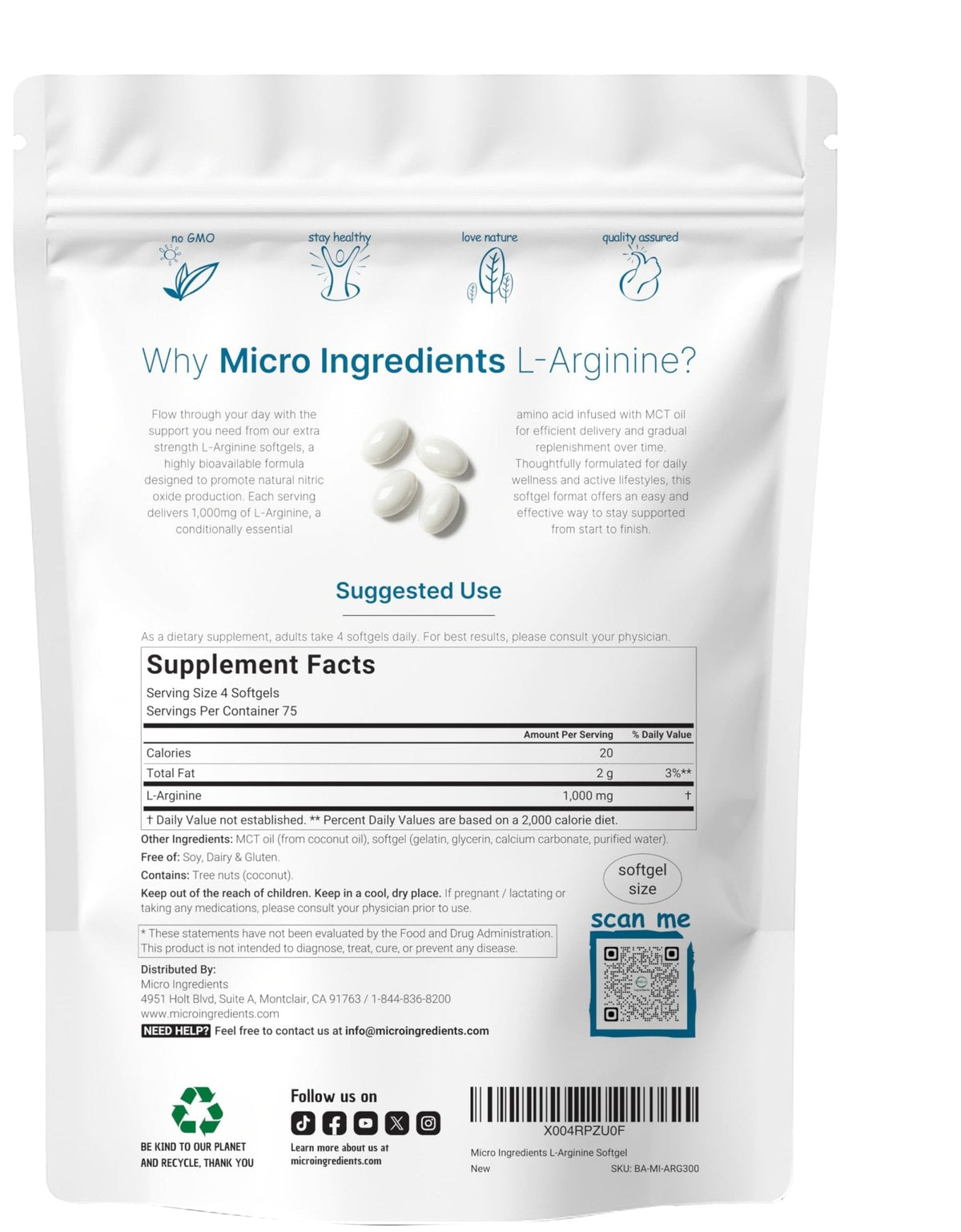 Micro Ingredients L-Arginine 1000mg with MCT Oil, 300 Softgels | Nitric Oxide Precursor* for Men & Women | Extra Strength Amino Acid Formula for Daily Wellness - PrimeBioHealth - canada supplements