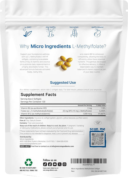 Micro Ingredients L Methylfolate 15mg, 240 Softgels | Active 5-MTHF with B6 & Methyl B12 | Methylated Vitamin B9 with Coconut Oil - PrimeBioHealth - canada supplements