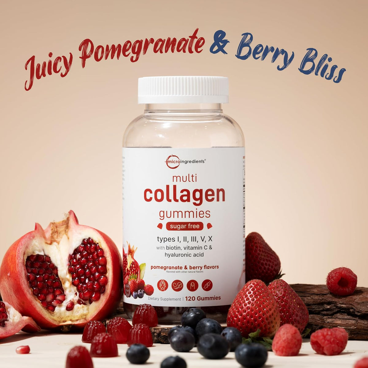 Micro Ingredients Multi Collagen Peptides, 120 Collagen Gummies | Type I,II,III,V,X Protein with Biotin, Hyaluronic Acid, & Vitamin C Complex | Pomegranate & Berry Flavored | Sugar Free, Non-GMO - PrimeBioHealth - canada supplements
