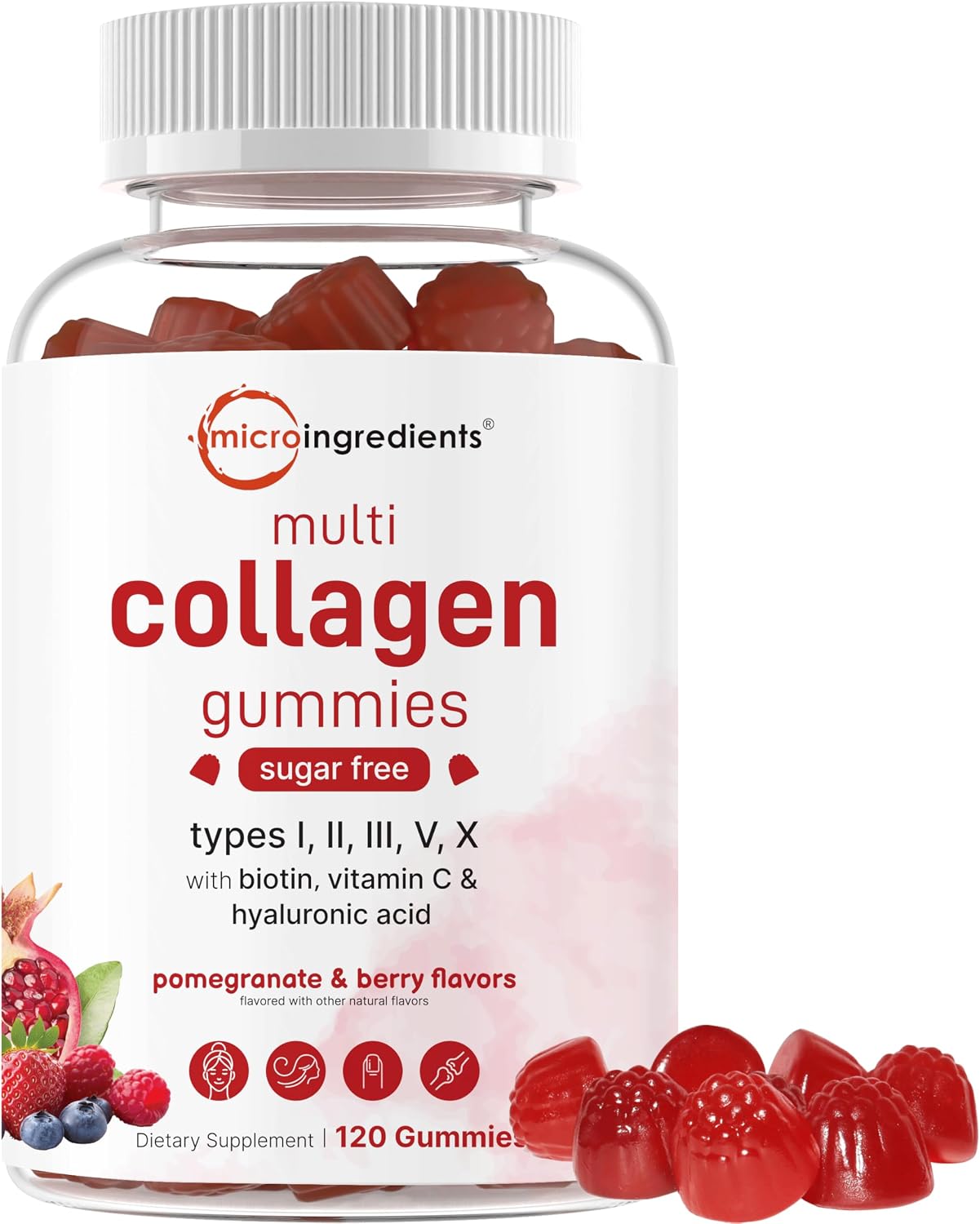 Micro Ingredients Multi Collagen Peptides, 120 Collagen Gummies | Type I,II,III,V,X Protein with Biotin, Hyaluronic Acid, & Vitamin C Complex | Pomegranate & Berry Flavored | Sugar Free, Non-GMO - PrimeBioHealth - canada supplements