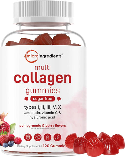 Micro Ingredients Multi Collagen Peptides, 120 Collagen Gummies | Type I,II,III,V,X Protein with Biotin, Hyaluronic Acid, & Vitamin C Complex | Pomegranate & Berry Flavored | Sugar Free, Non-GMO - PrimeBioHealth - canada supplements