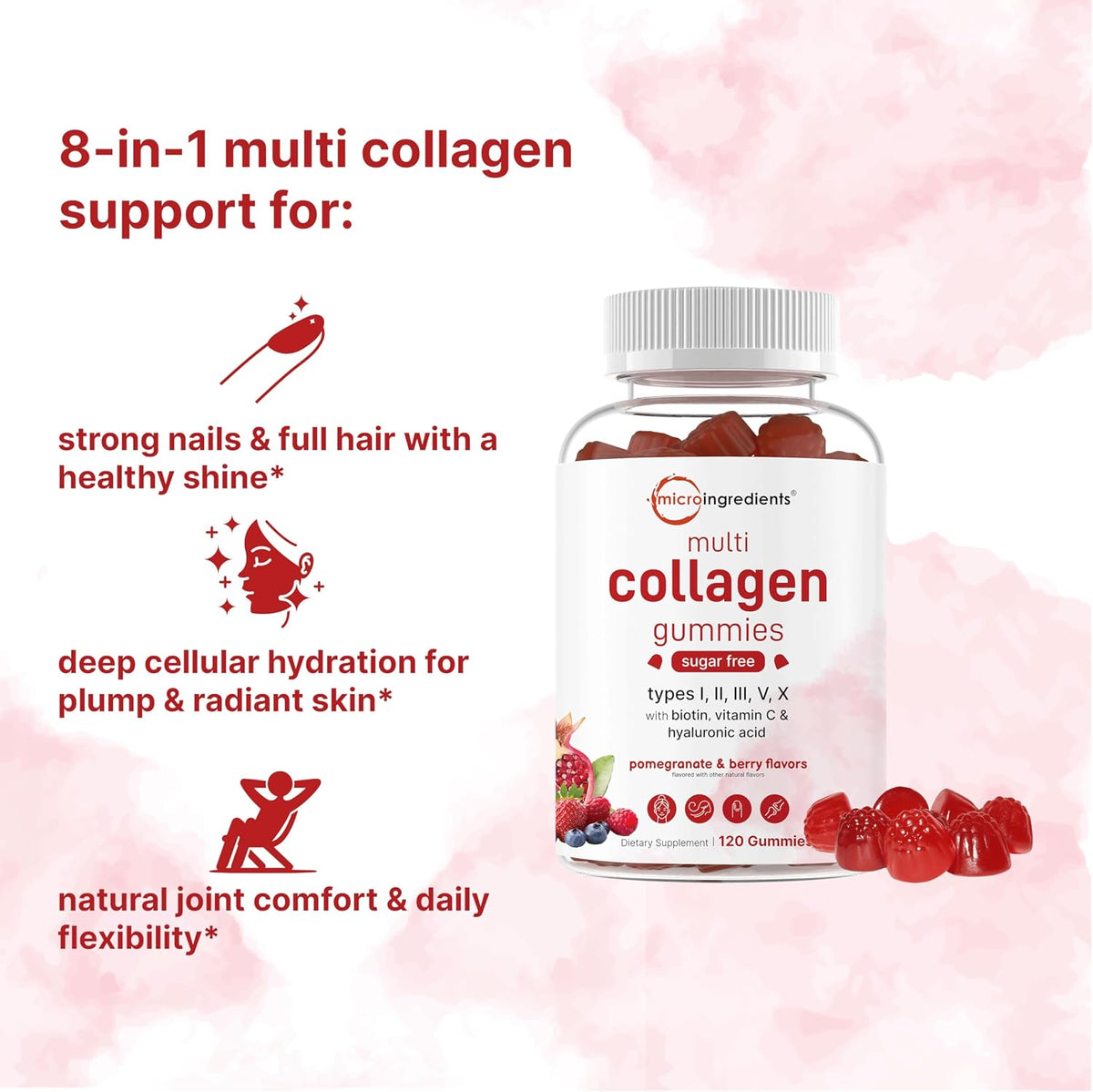 Micro Ingredients Multi Collagen Peptides, 120 Collagen Gummies | Type I,II,III,V,X Protein with Biotin, Hyaluronic Acid, & Vitamin C Complex | Pomegranate & Berry Flavored | Sugar Free, Non-GMO - PrimeBioHealth - canada supplements