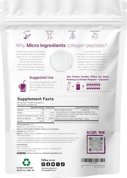 Micro Ingredients Multi Collagen Peptides Powder, 40 Stick Packs | Type I, II, III, V, X + Biotin, Vitamin C & Hyaluronic Acid | Unflavored | Supports Hair, Skin & Joint Health | Keto, Non-GMO - PrimeBioHealth - canada supplements