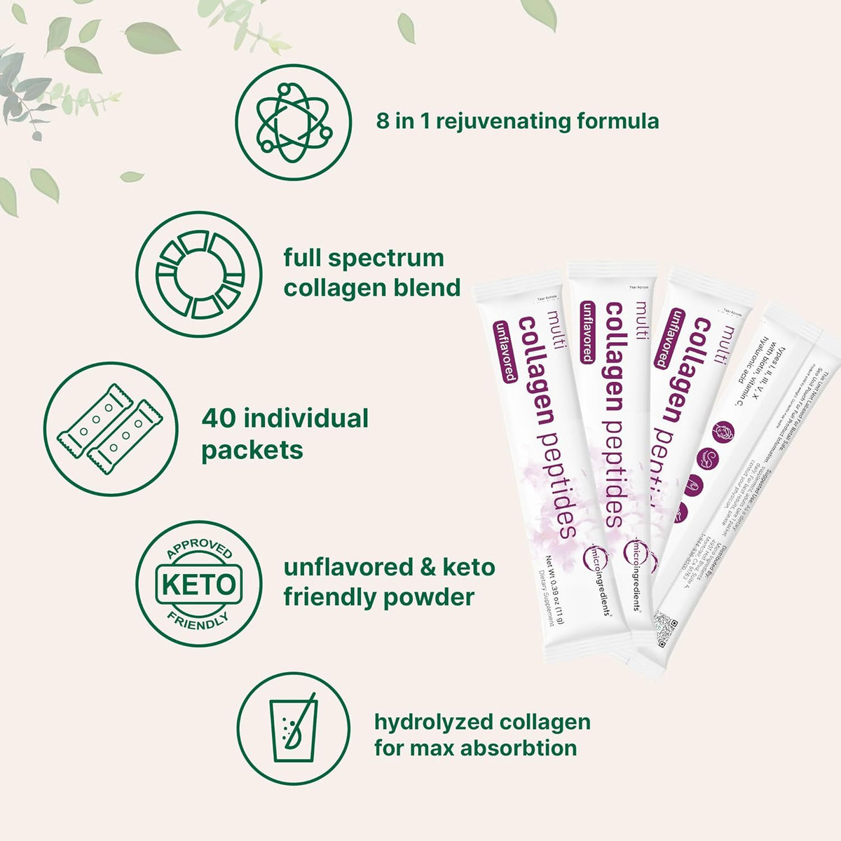 Micro Ingredients Multi Collagen Peptides Powder, 40 Stick Packs | Type I, II, III, V, X + Biotin, Vitamin C & Hyaluronic Acid | Unflavored | Supports Hair, Skin & Joint Health | Keto, Non-GMO - PrimeBioHealth - canada supplements