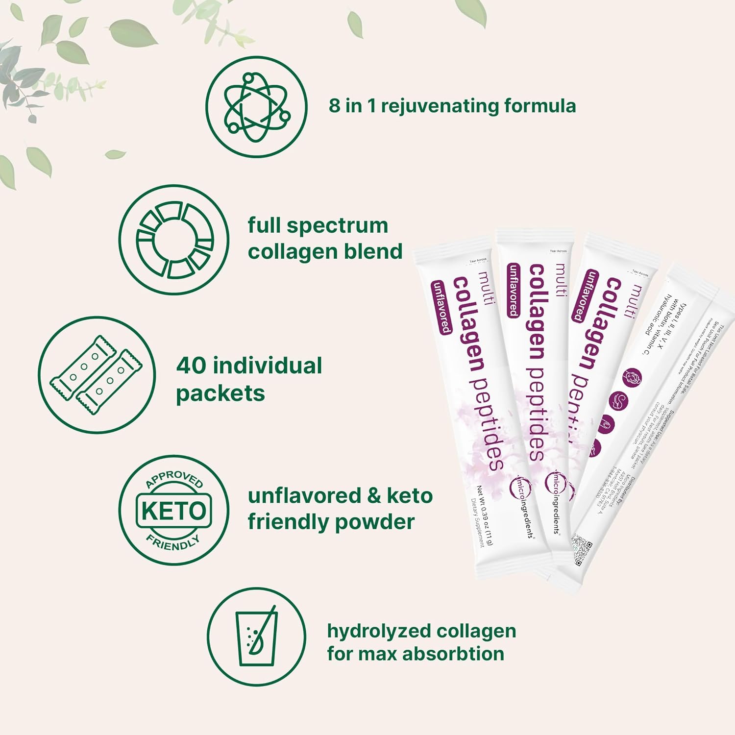 Micro Ingredients Multi Collagen Peptides Powder, 40 Stick Packs | Type I, II, III, V, X + Biotin, Vitamin C & Hyaluronic Acid | Unflavored | Supports Hair, Skin & Joint Health | Keto, Non-GMO - PrimeBioHealth - canada supplements