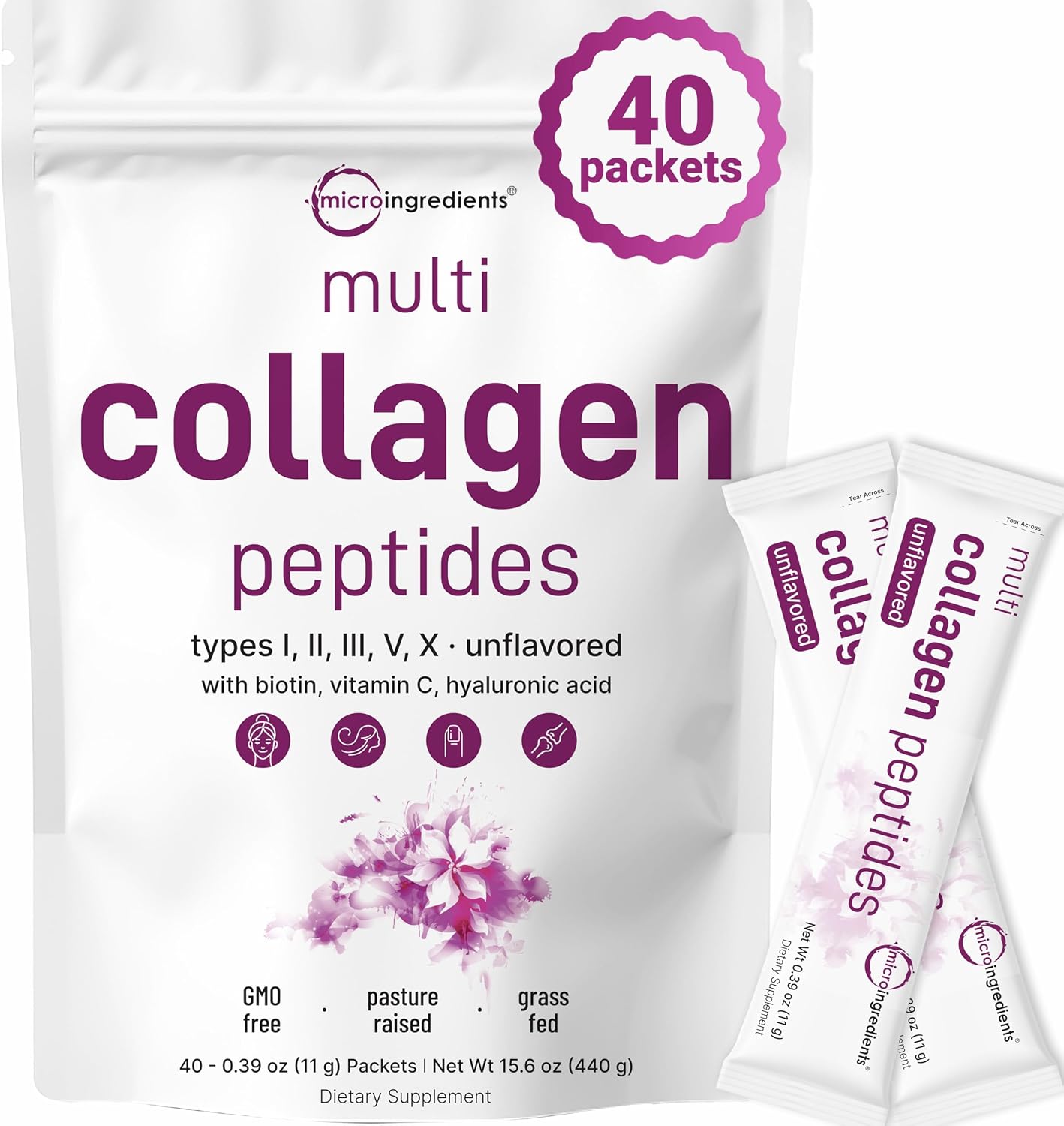 Micro Ingredients Multi Collagen Peptides Powder, 40 Stick Packs | Type I, II, III, V, X + Biotin, Vitamin C & Hyaluronic Acid | Unflavored | Supports Hair, Skin & Joint Health | Keto, Non-GMO - PrimeBioHealth - canada supplements