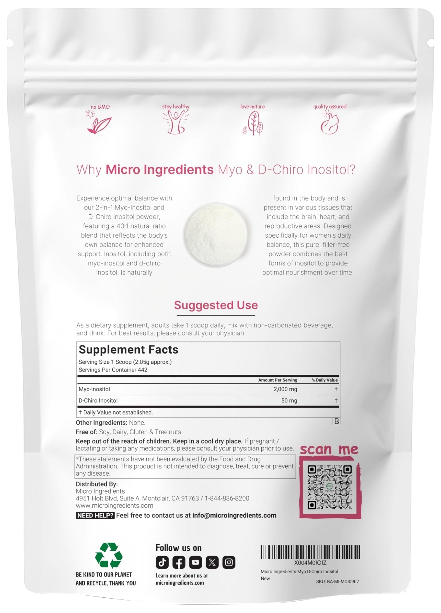 Micro Ingredients Myo-Inositol & D-Chiro Inositol Powder 1lb, 221 Servings | 40:1 Ideal Ratio Inositol Supplement for Women* | Support Hormonal Balance & Ovarian Health* | Non-GMO, Vegan, Filler-Free - PrimeBioHealth - canada supplements