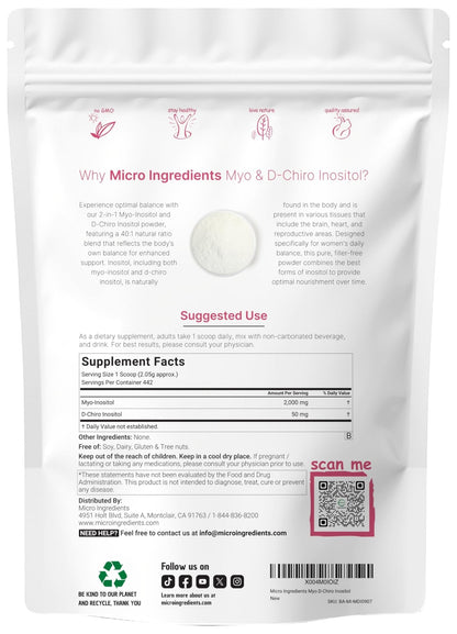 Micro Ingredients Myo-Inositol & D-Chiro Inositol Powder 1lb, 221 Servings | 40:1 Ideal Ratio Inositol Supplement for Women* | Support Hormonal Balance & Ovarian Health* | Non-GMO, Vegan, Filler-Free - PrimeBioHealth - canada supplements