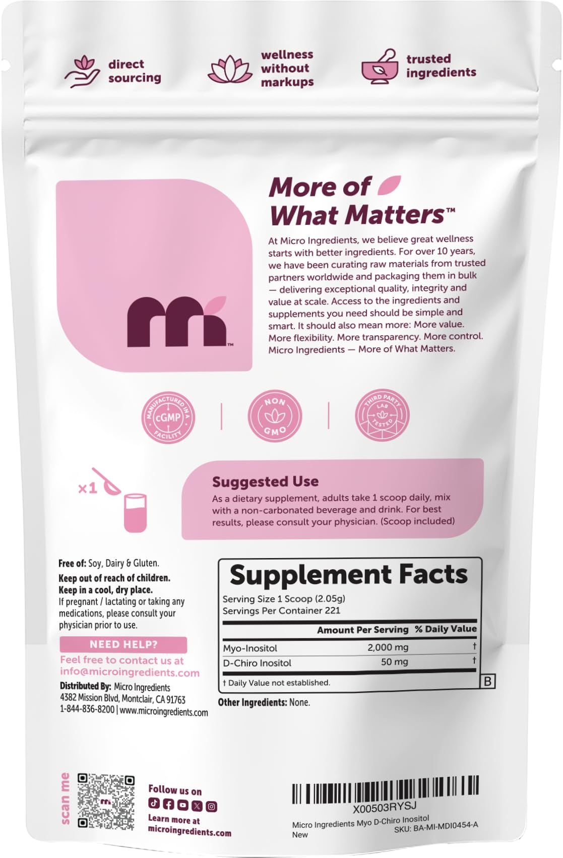 Micro Ingredients Myo-Inositol & D-Chiro Inositol Powder 1lb, 221 Servings | 40:1 Ideal Ratio Inositol Supplement for Women* | Support Hormonal Balance & Ovarian Health* | Non-GMO, Vegan, Filler-Free - PrimeBioHealth - canada supplements