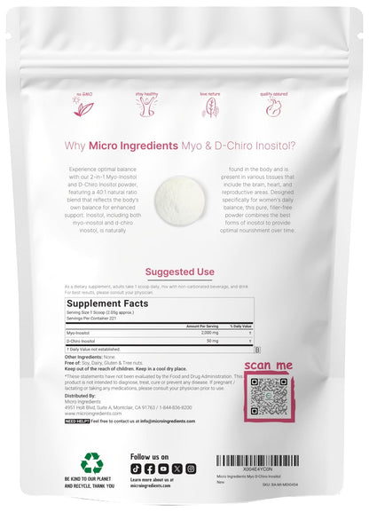 Micro Ingredients Myo-Inositol & D-Chiro Inositol Powder, 1lb (221 Servings) | 40:1 Ideal Ratio Inositol Supplement for Women | Supports Hormonal Balance - PrimeBioHealth - canada supplements