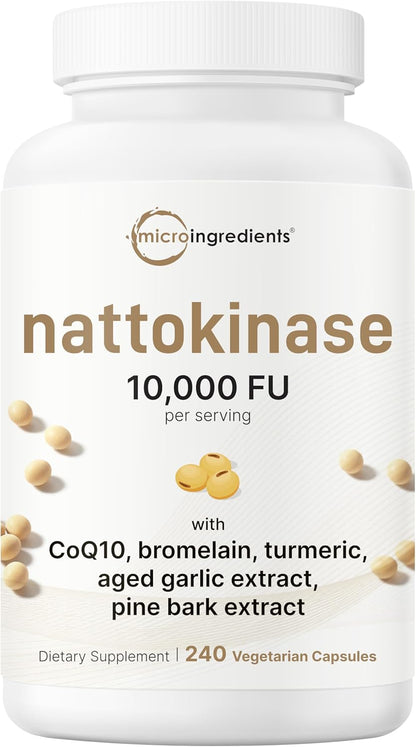 Micro Ingredients Nattokinase 10,000 FU Per Serving (Natural Natto Extract), 240 Vegetarian Capsules | with CoQ10, Turmeric, Aged Garlic & Pine Bark Extract | Non-GMO, Lab Tested, cGMP Manufactured - PrimeBioHealth - canada supplements