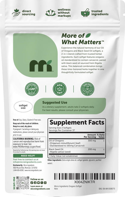 Micro Ingredients Oil of Oregano Softgels, 300 Count | 2 in 1 Formulated with Black Seed Oil | 4X Strength Carvacrol & Thymoquinone | Plant Based, Non-GMO - PrimeBioHealth - canada supplements
