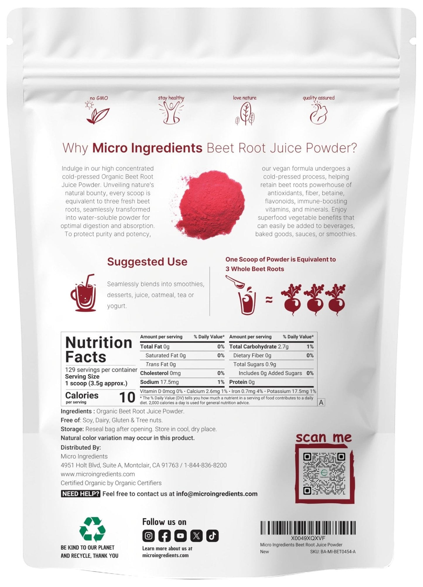 Micro Ingredients Organic Beet Root Juice Powder, 1 Pound | Cold Pressed, Water Soluble, High Concentrated Raw Beet Supplement | Superfood Drink Mix - PrimeBioHealth - canada supplements
