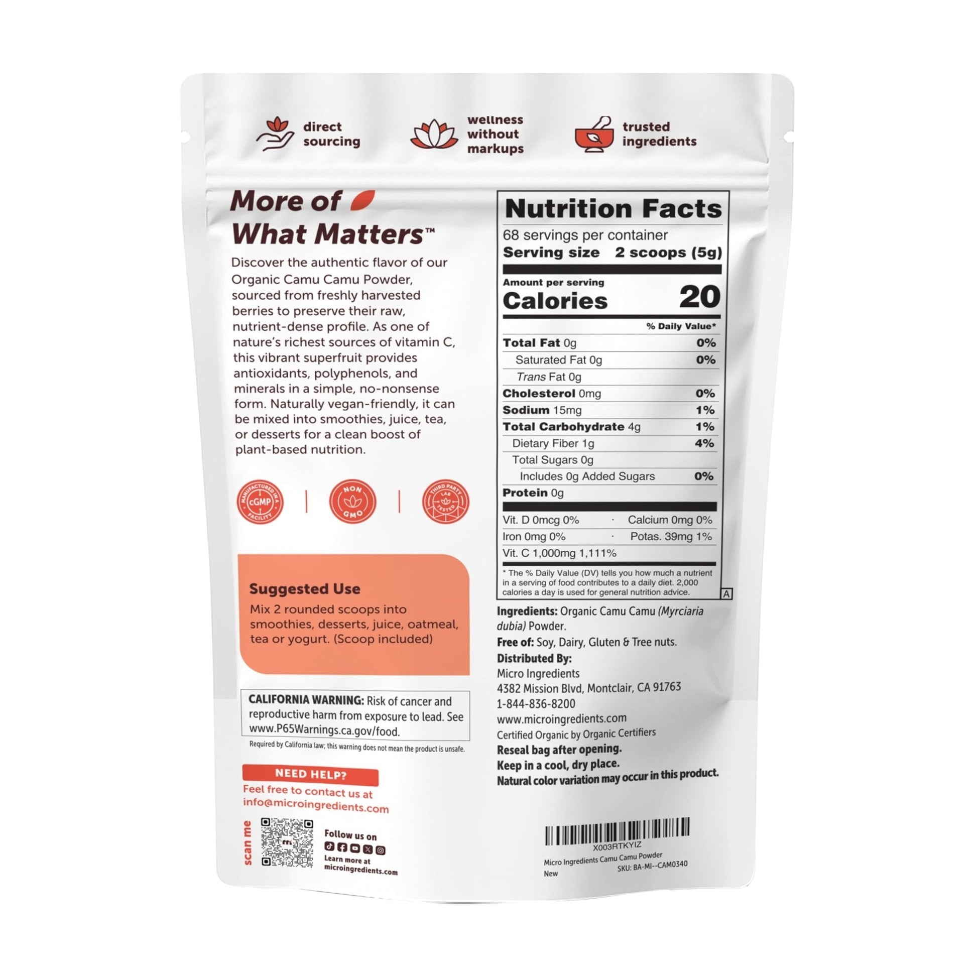 Micro Ingredients Organic Camu Camu Powder, 12 oz | Freshly Harvested Berry | Source of Naturally Occurring Vitamin C | Non-GMO, Vegan Friendly - PrimeBioHealth - canada supplements