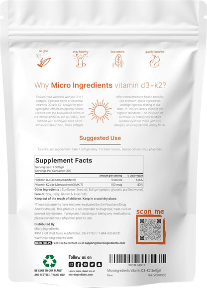 Micro Ingredients Organic Chlorella Spirulina 3000mg Tablets & Vitamin D3 5000iu + K2 100mcg Bundle 2 Pack | Cracked Cell Wall, Rich in Vegan Protein & Chlorophyll | Essential Sunshine Vitamins - PrimeBioHealth - canada supplements
