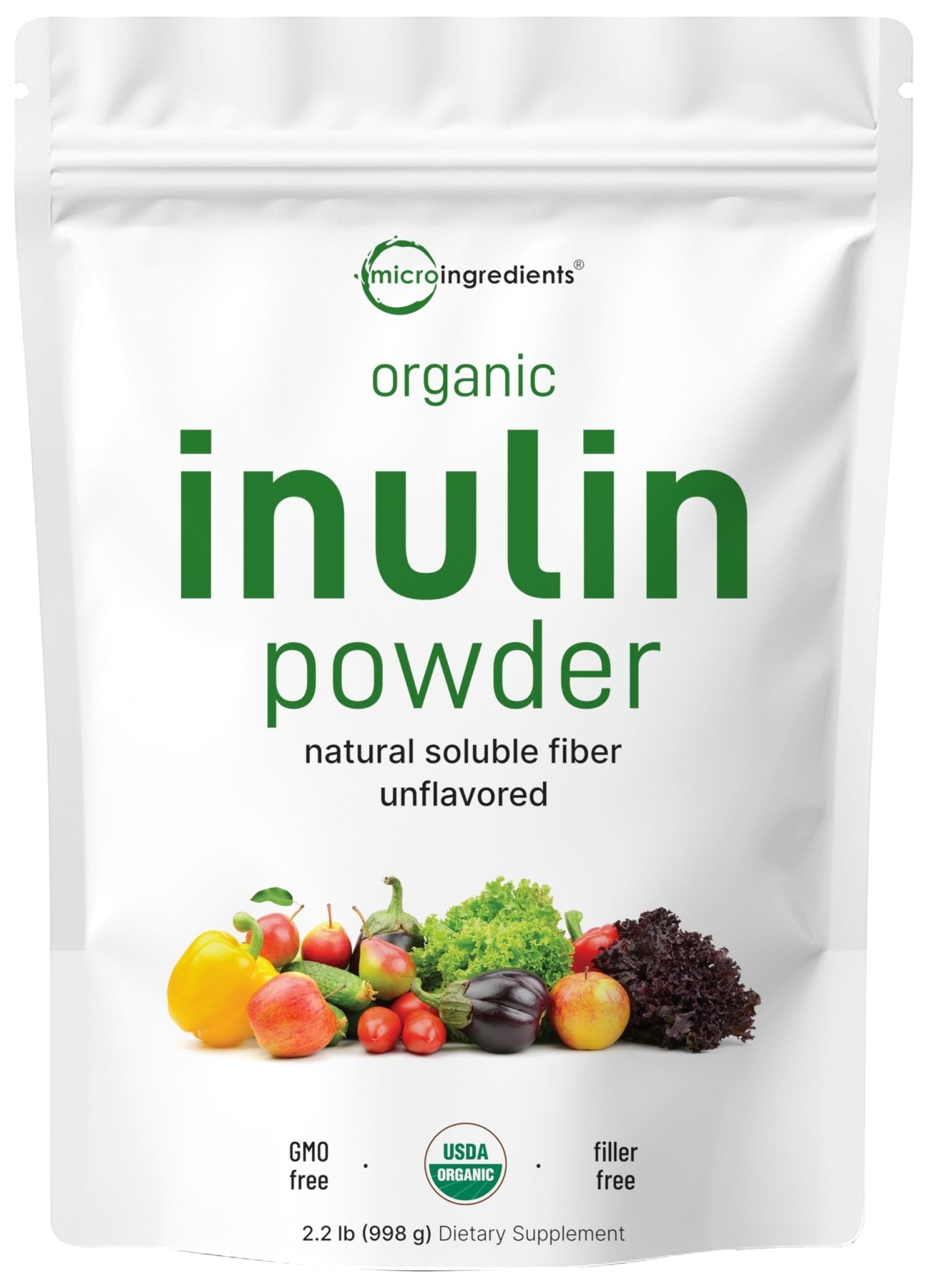 Micro Ingredients Organic Inulin FOS Fiber Powder, 2.2 lbs | Quick Water-Soluble Prebiotic | Natural Fiber for Smoothies & Drinks | Vegan Friendly, Dissolves Clear - PrimeBioHealth - canada supplements