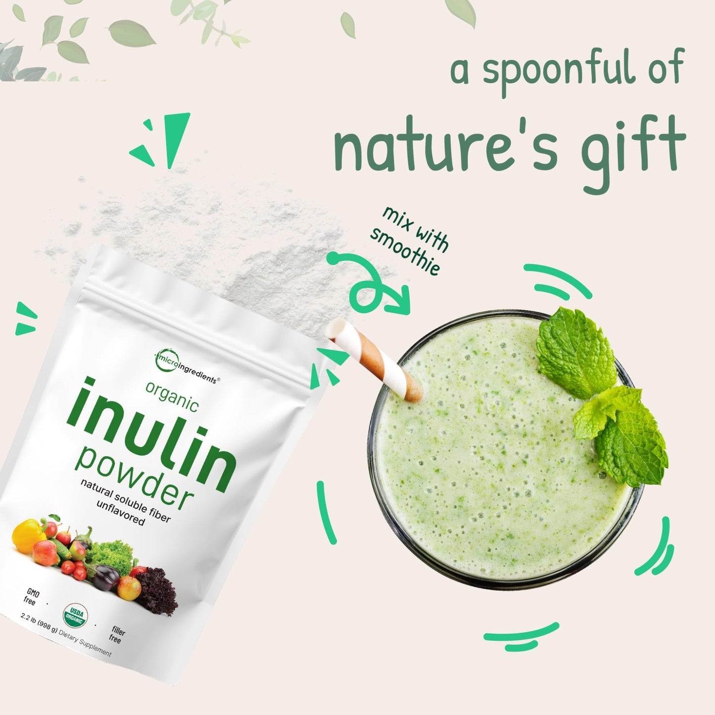 Micro Ingredients Organic Inulin FOS Fiber Powder, 2.2 lbs | Quick Water-Soluble Prebiotic | Natural Fiber for Smoothies & Drinks | Vegan Friendly, Dissolves Clear - PrimeBioHealth - canada supplements