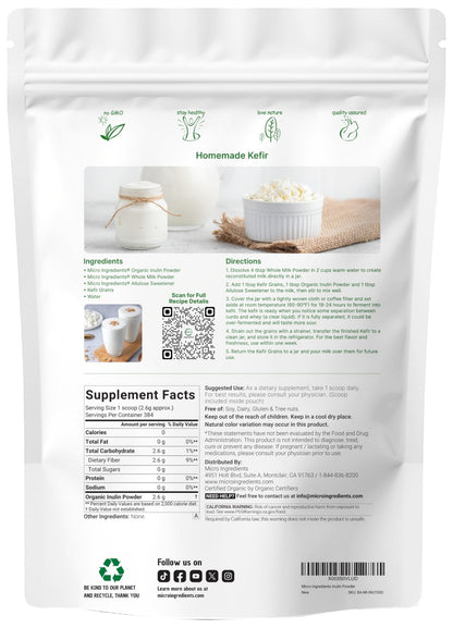 Micro Ingredients Organic Inulin FOS Fiber Powder, 2.2 lbs | Quick Water-Soluble Prebiotic | Natural Fiber for Smoothies & Drinks | Vegan Friendly, Dissolves Clear - PrimeBioHealth - canada supplements
