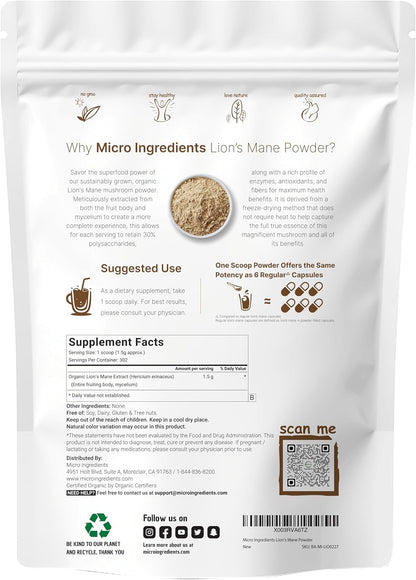 Micro Ingredients Organic Lion’s Mane Mushroom Powder, 16oz | Pure Fruiting Body Superfood | Supports Brain, Focus, Energy & Immune Health | Great for Smoothies & Coffee | Filler Free, Vegan, Non-GMO - PrimeBioHealth - canada supplements