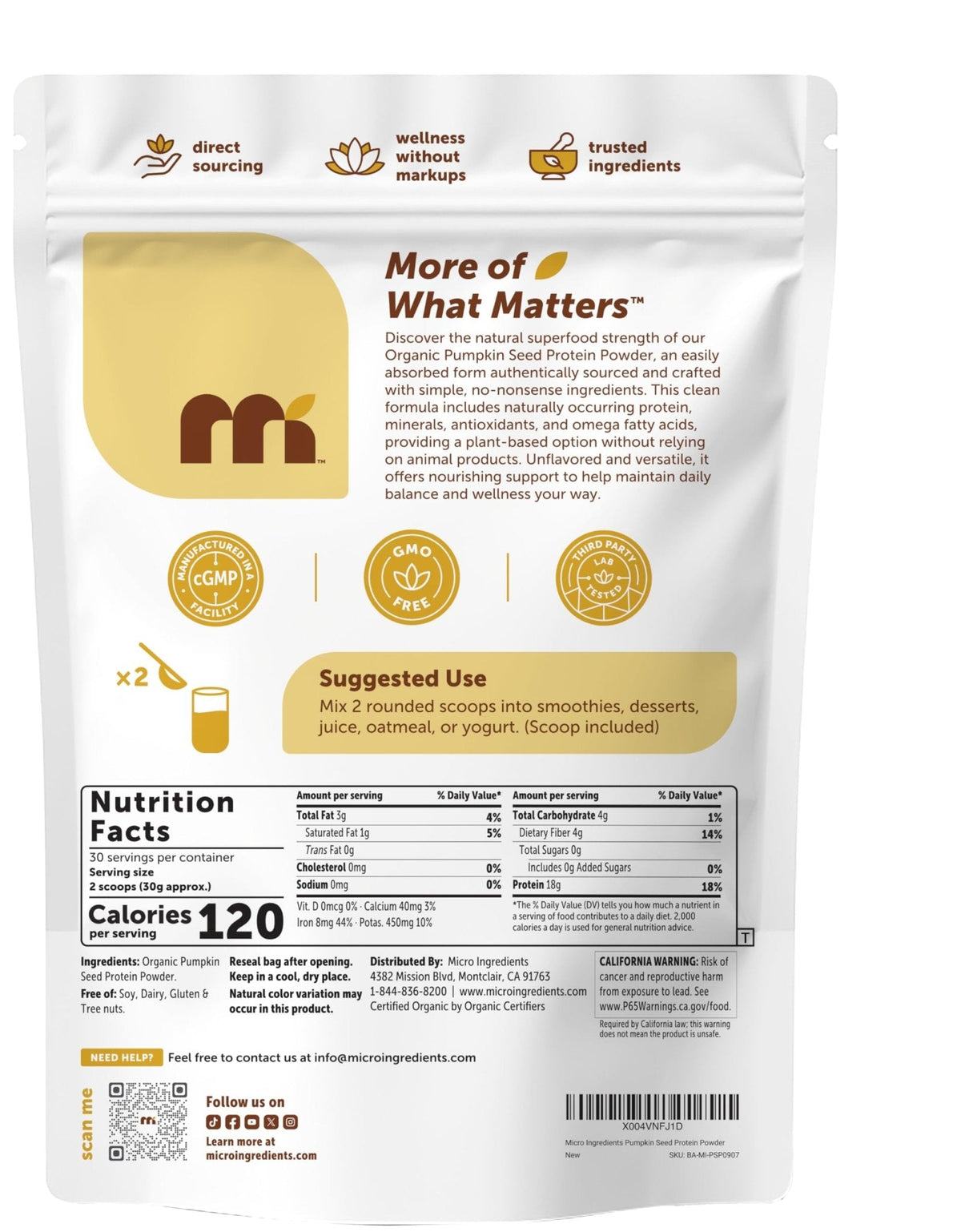 Micro Ingredients Organic Pumpkin Seed Protein Powder, 2lb | Raw Plant-Based Protein | Single-Ingredient Powder | Smooth Texture & Versatile Use | Non-GMO, Soy Free - PrimeBioHealth - canada supplements