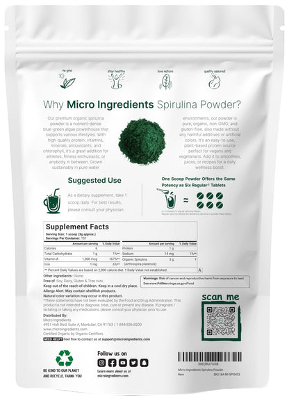 Micro Ingredients Organic Spirulina Powder, 1lb | Blue-Green Algae, Rich in Vegan Protein, Vitamins & Minerals | Source of Natural Chlorophyll & Enzymes - PrimeBioHealth - canada supplements