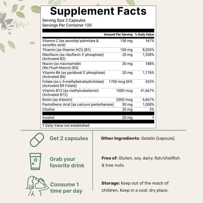 Micro Ingredients Pure Methylated B Complex, 240 Capsules | 11-in-1 Formula with Methylfolate, B12, Thiamin, Inositol, Choline, & Fat Soluble Vitamin C | Clean Ingredients Without Fillers | Non-GMO - PrimeBioHealth - canada supplements